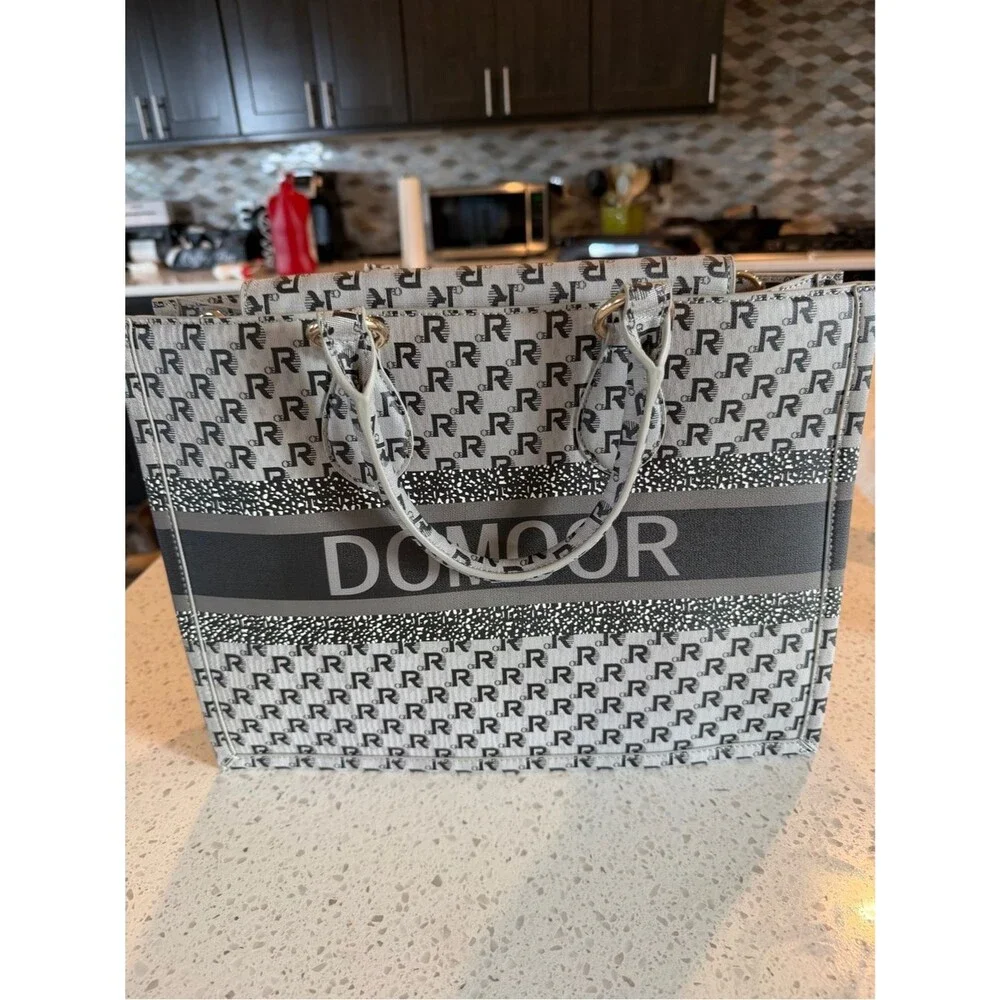 Domoor of Denmark Designer Monogram Tan Black Tote Bag Vegan Leather w/Dust Bag